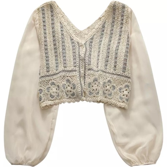 Floral Blouse crochet embroidery cropped French style knit chiffon puff cream - Picture 5 of 8